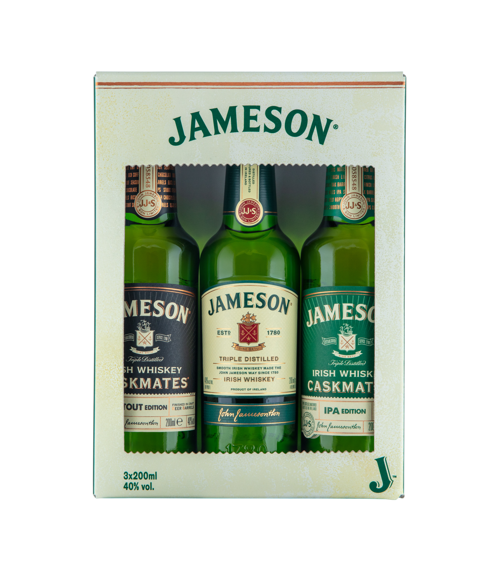 3x200ml bottles of Jameson Irish Whiskey, Jameson Caskmates Stout Edition, and Jameson Caskmates IPA Edition
